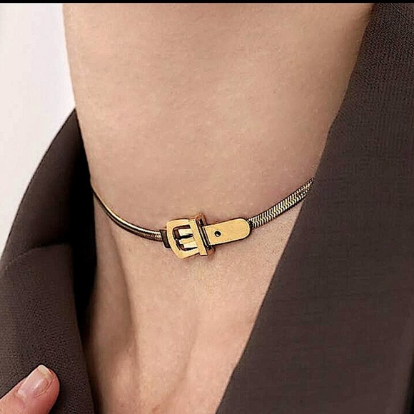 Belt Buckle Design Gold Plated Herringbone Choker Matching Bracelet Set - Picture 6 of 14